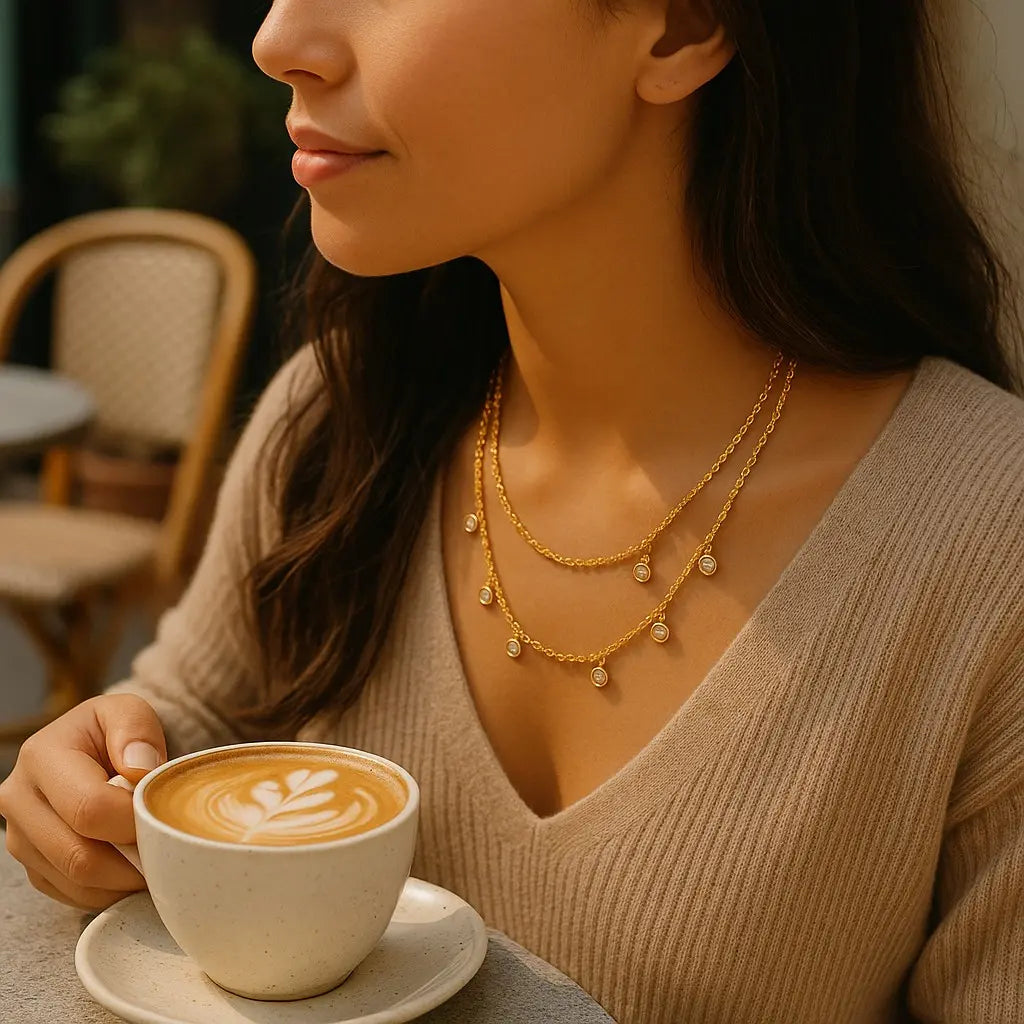 Woman holding a cup of coffee with layered gold necklaces in a warm-toned setting