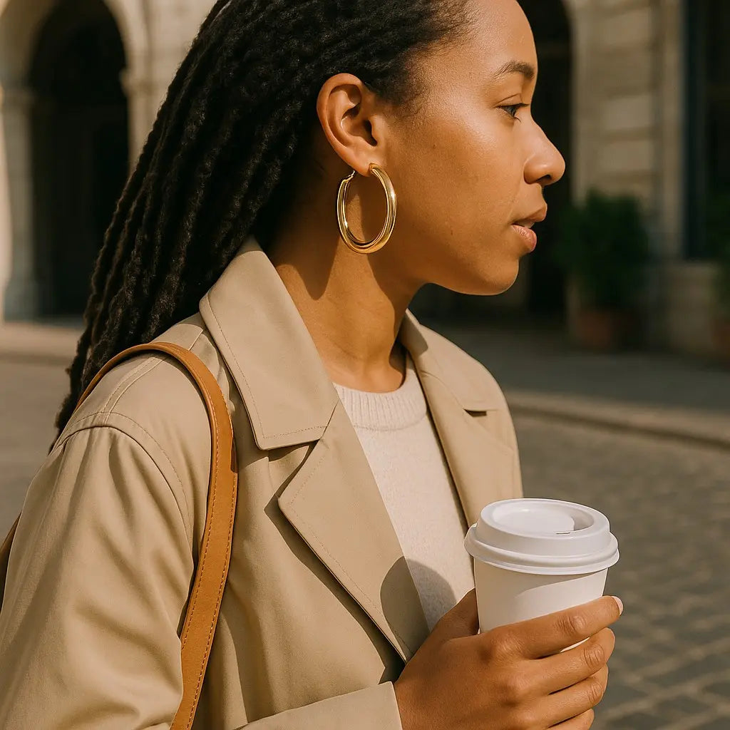Woman holding a coffee cup outdoors, wearing a beige coat and gold hoop earrings.
