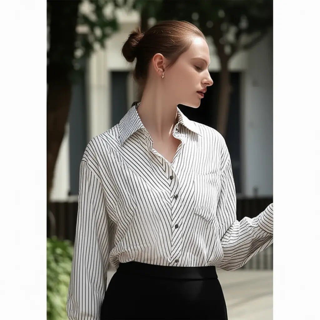 Woman wearing a striped shirt and black pants outdoors