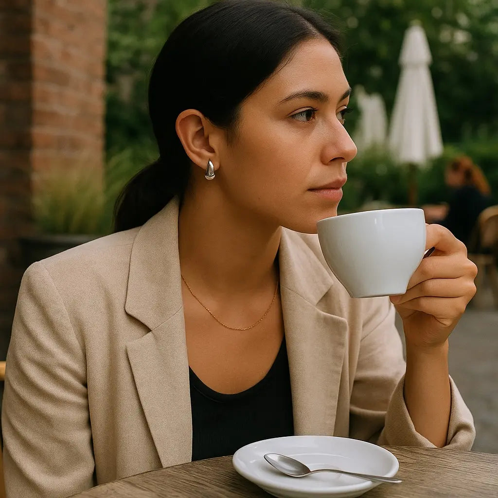 Woman sitting outdoors, holding a white mug and looking thoughtful.