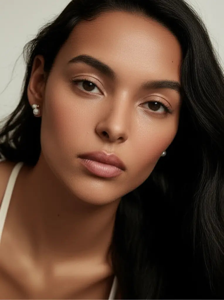 Close-up of a woman with dark hair and earrings against a neutral background