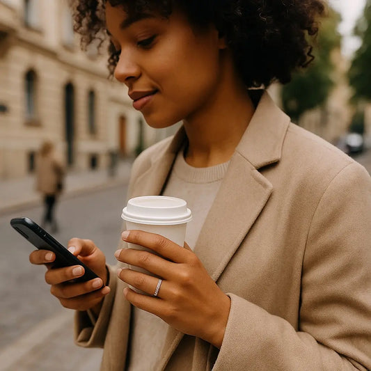 Woman in a beige coat using a smartphone and holding a coffee cup on a city street.