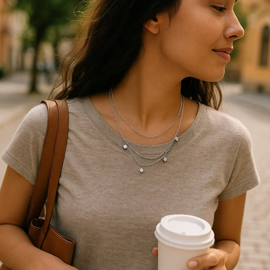 Woman holding a coffee cup and a brown bag on a street