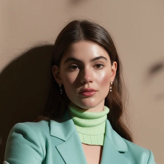 Woman wearing a light green turtleneck sweater and blazer against a neutral background