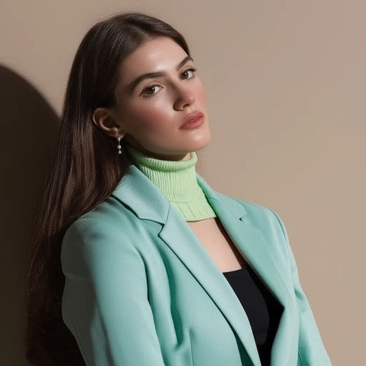 Woman wearing a light blue coat over a green turtleneck and black top against a beige background