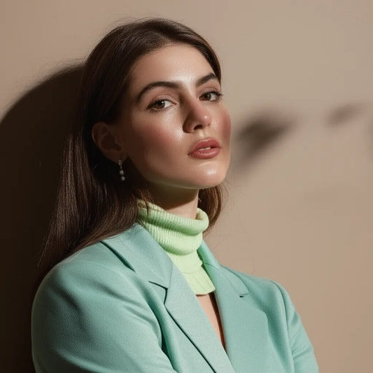 Woman wearing a light green blazer and a matching turtleneck against a beige background