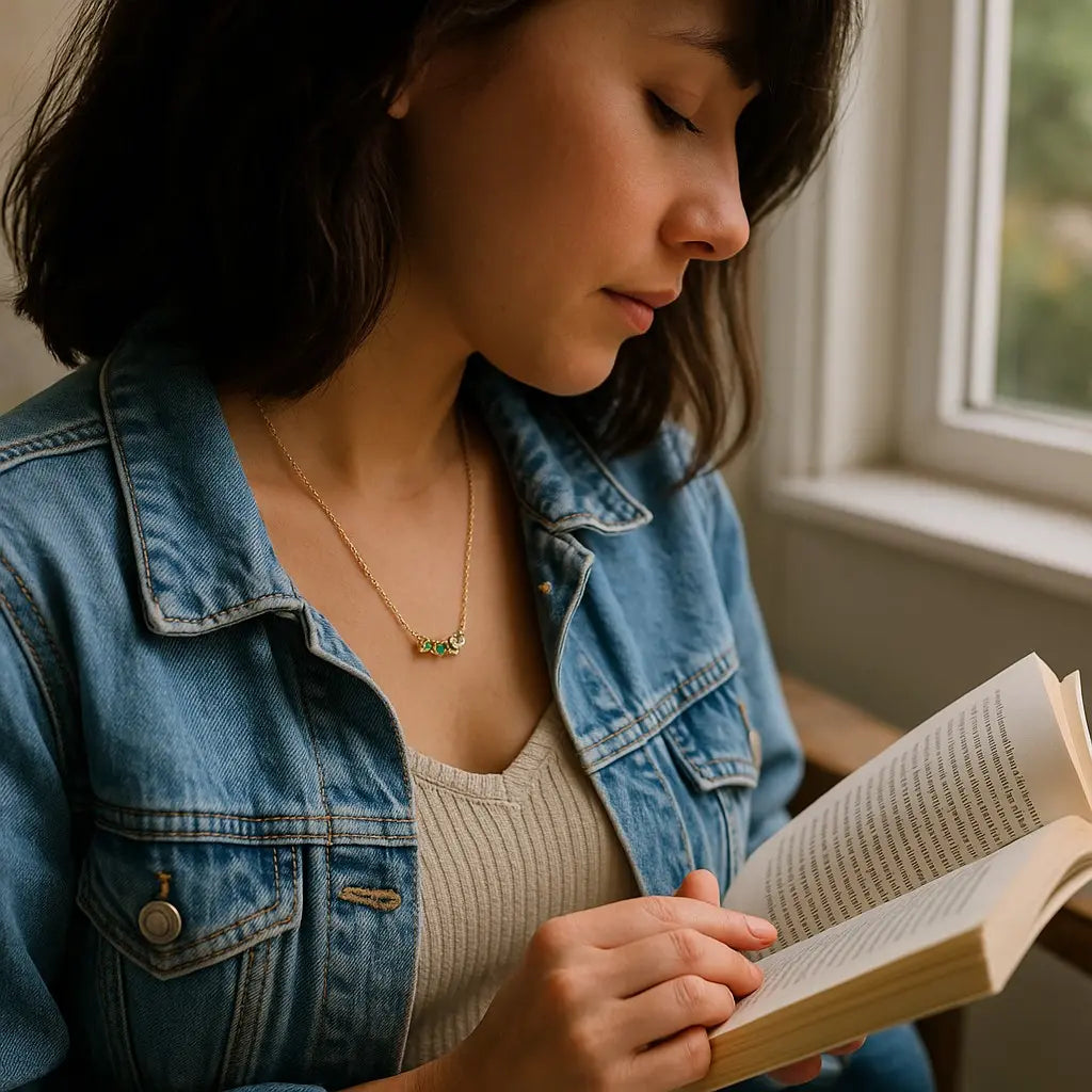 Woman reading a book in a cozy indoor setting