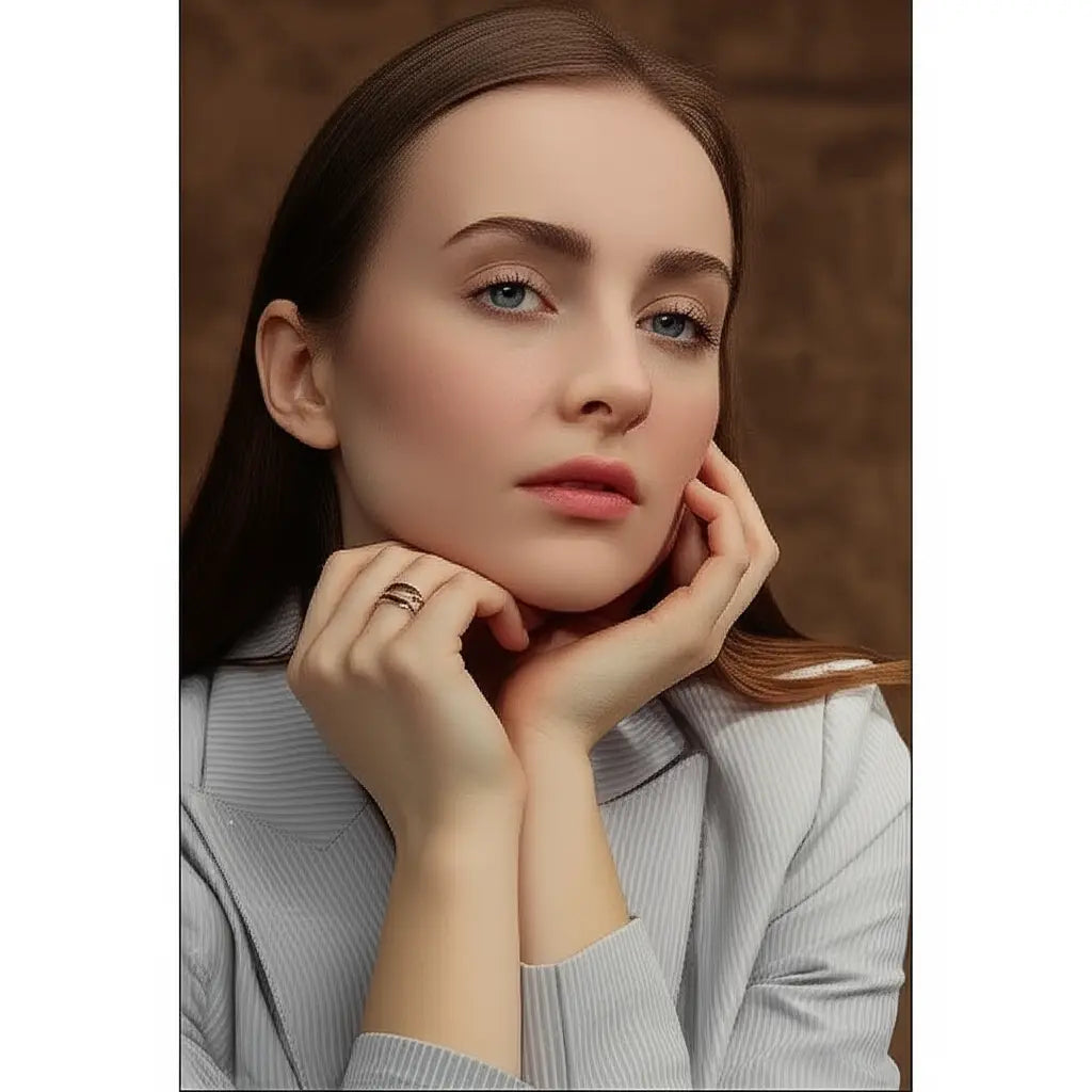 Woman with hands near her face against a brown background