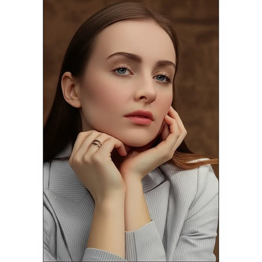 Woman with hands near her face against a brown background