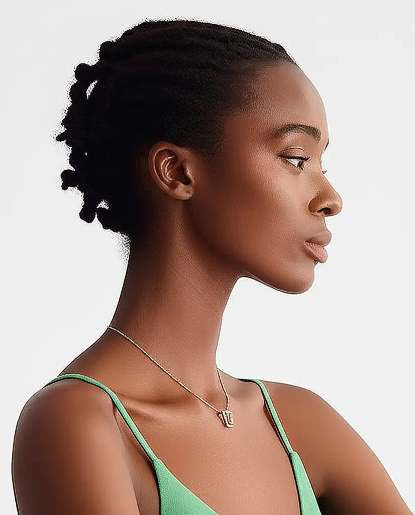 Woman wearing a green top and gold necklace against a plain background